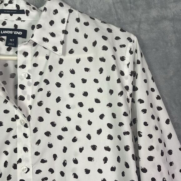 Lands End White Brown Polka Dot Collared Button Up Front Shirt Blouse Size 16 T - Picture 3 of 10